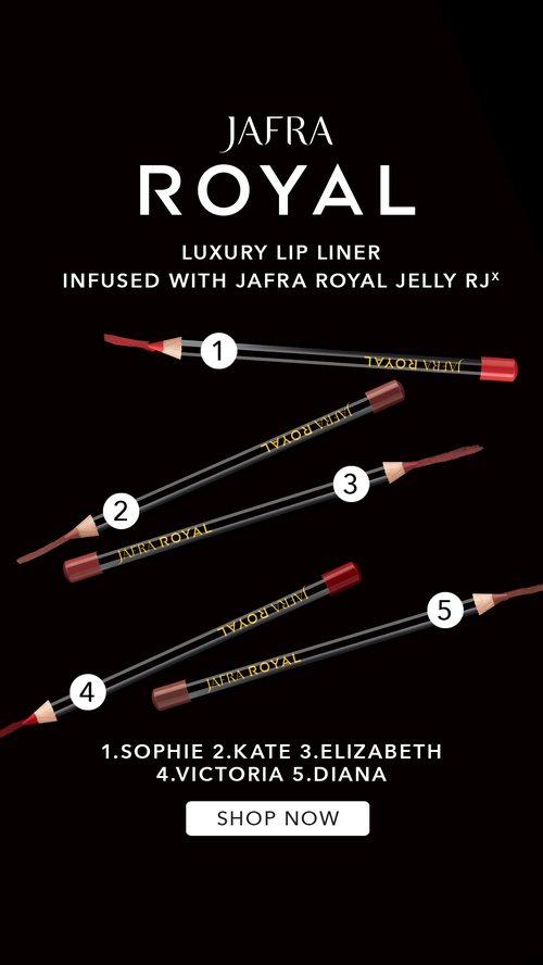 Five Jafra Royal Luxury Lip Liner shades fanned out against black