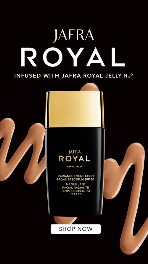 Jafra Royal Radiance Foundation bottle with product swatch against black