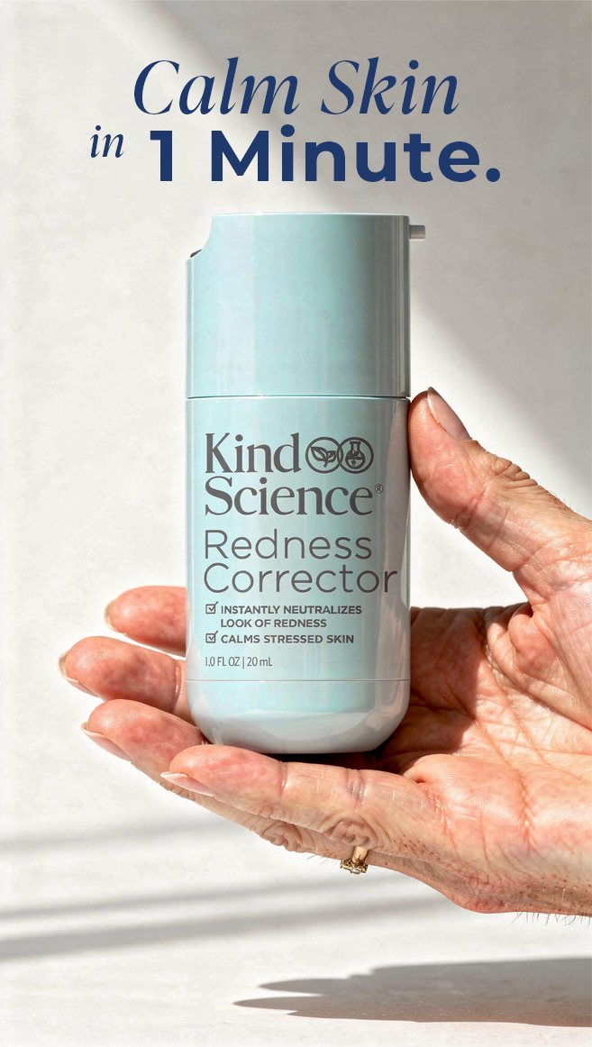 Hand holding Redness Corrector bottle, 'Calm Skin in 1 Minute' headline