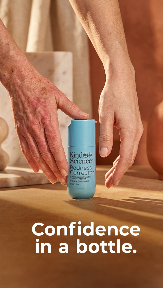 Hands placing the bottle on a warm-lit surface, 'Confidence in a bottle' headline