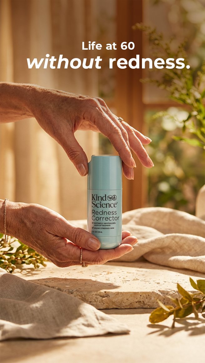 Hands placing bottle in a sunlit lifestyle setting, 'Life at 60 without redness' headline