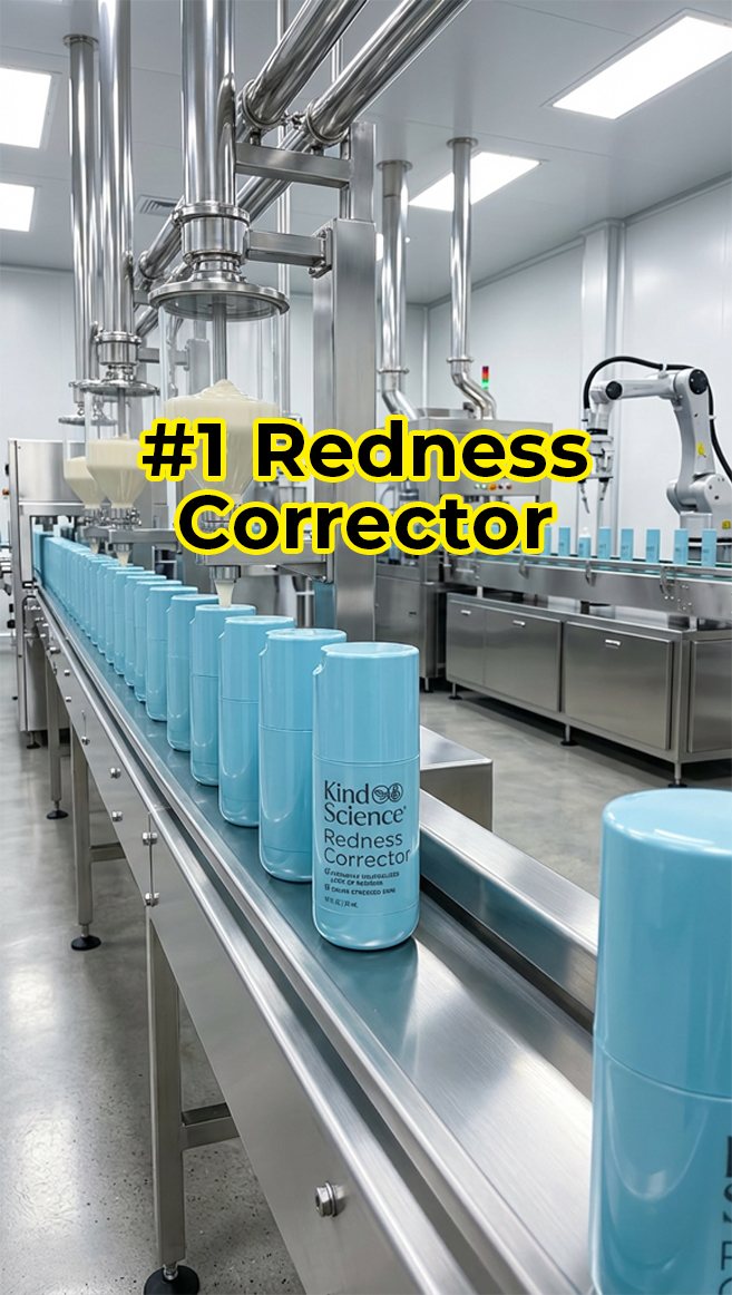 Bottles moving down a manufacturing line, '#1 Redness Corrector' headline