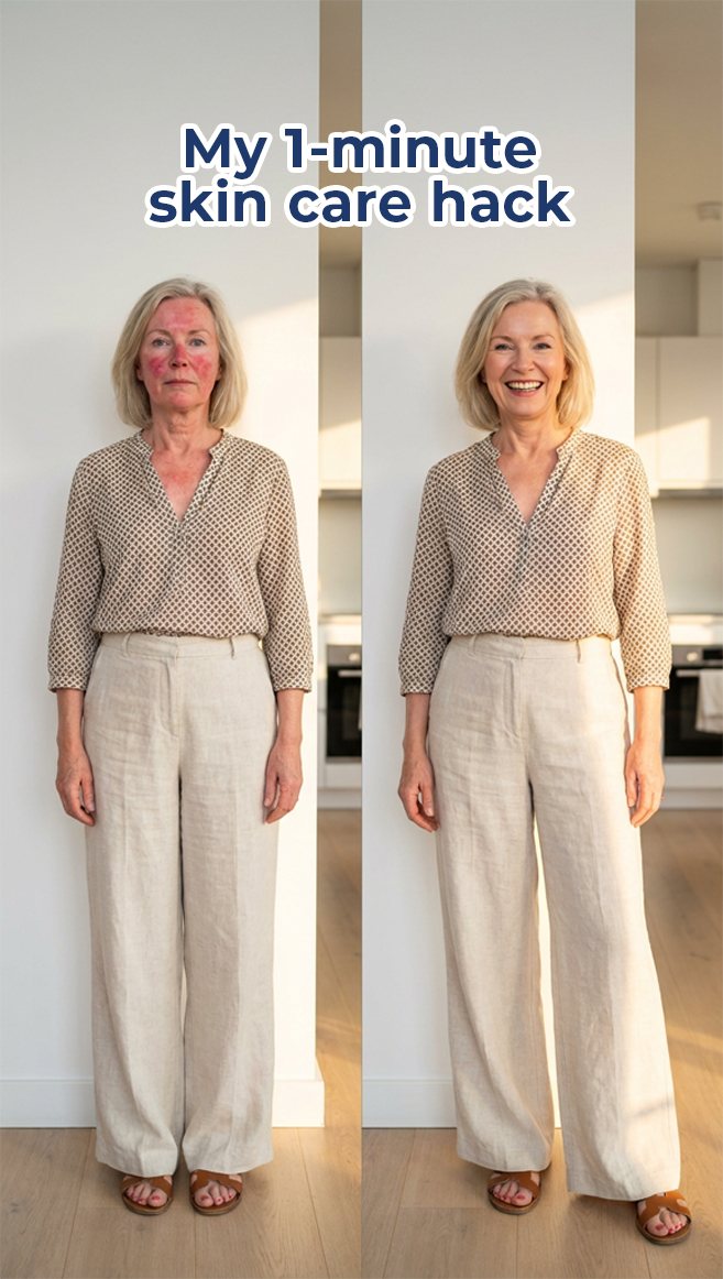 UGC-style before/after mirror shot, 'My 1-minute skin care hack' headline