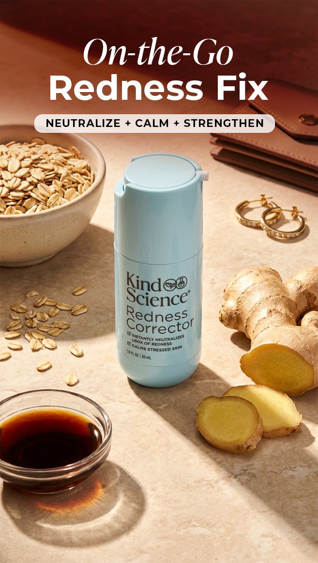 Bottle styled with oats, coffee and jewelry, 'On-the-Go Redness Fix' headline
